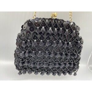 Vintage small Beaded Purse Black bag Dinner Bag Kiss Lock Bag Hong Kong Safco